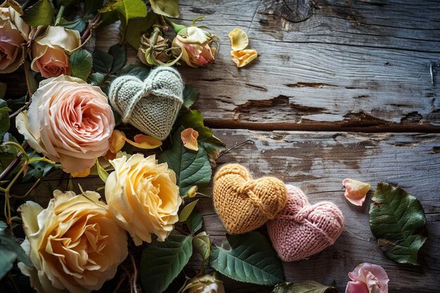 Roses and knitted hearts on wooden background