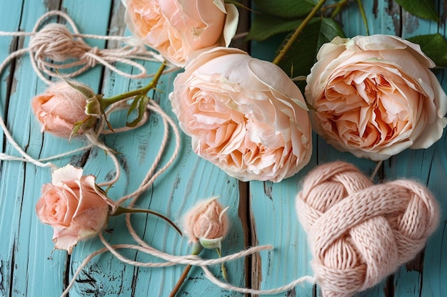 Roses and knitted hearts on wooden background