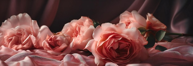 Roses lay on top of some pink fabric