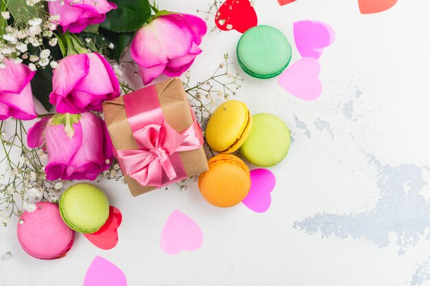 roses, macaroons and decorative hearts