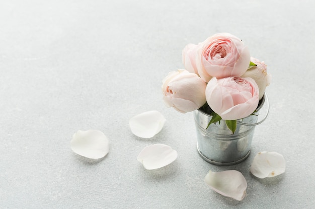 Foto rose in un secchio metallico e petali