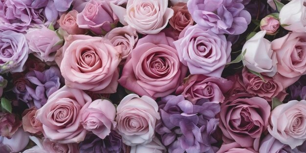 Розы многоцветных пастельно-розовых и сиреневых оттенков. Множество бутонов. Цветочный естественный фон. Генеративный искусственный интеллект.