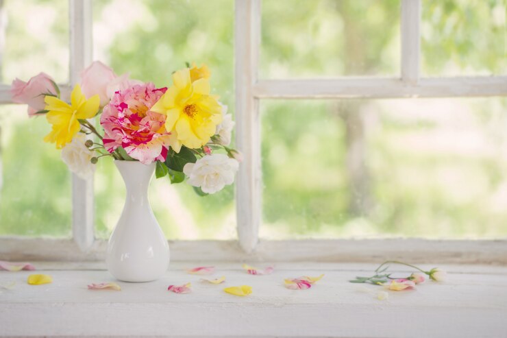 Roses oin vase on old windowsill