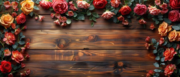 Photo roses and orchids decorated wood background with floral frame top view flat design