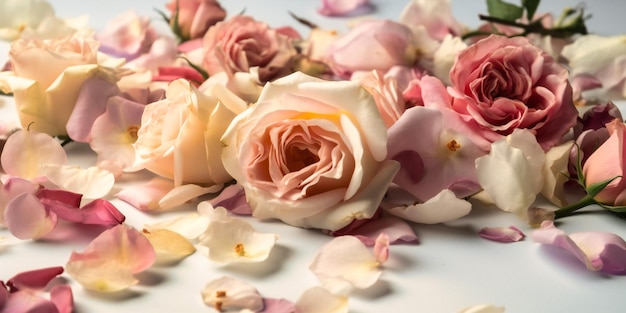 Roses and petals laying on white background