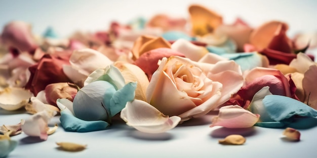 Roses and petals laying on white background