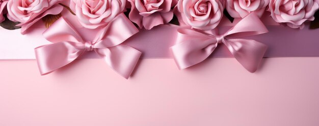 ピンクの背景のバラと花びら 上の景色 リボンボウとバラのバラの花束のギフトボックス