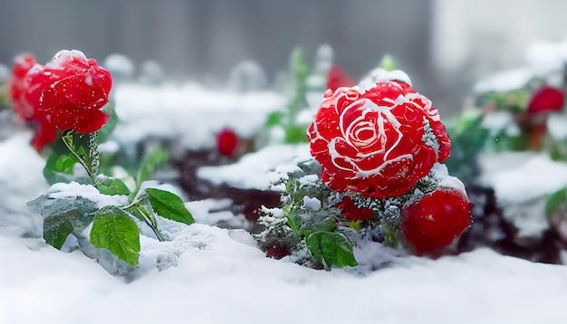 Roses in the snow in old abandoned garden