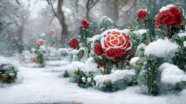 古い放棄された庭の雪の中のバラ