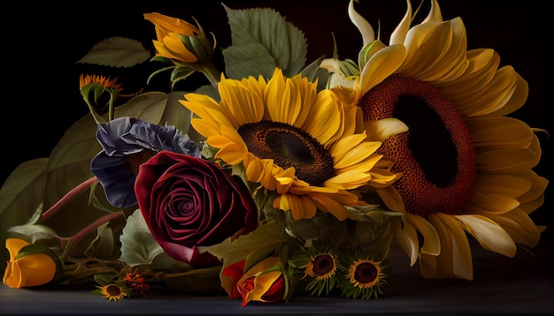 Big Red Roses And Sunflowers In A Floral Arrangement Stock Photo Picture  And Royalty Free Image Image 22676058