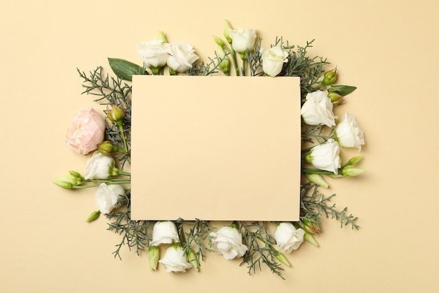 Roses, thuja branches and space for text on beige background