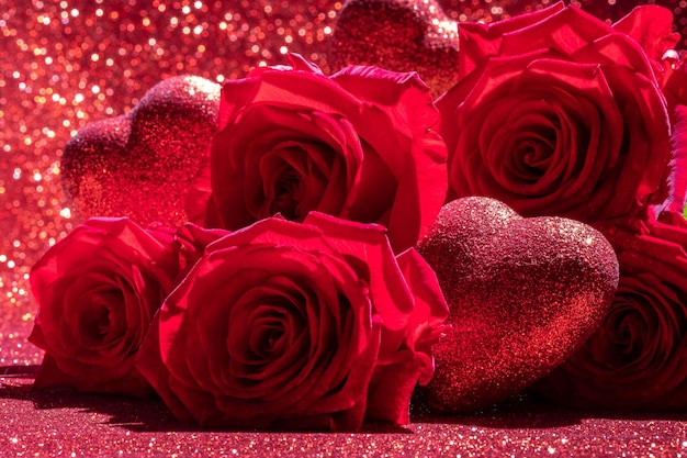 roses and valentine red heart on red background valentine's day