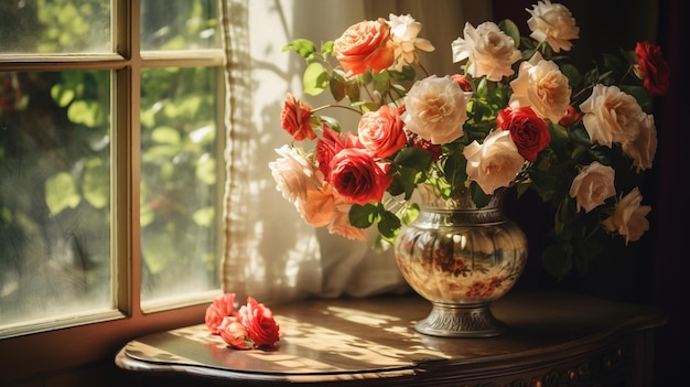 roses in vase on old table with window lighting in a morning generative AI