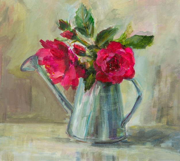 Roses in a vase painting. Summer bouquet of fragrant raspberry roses with acrylic paints.