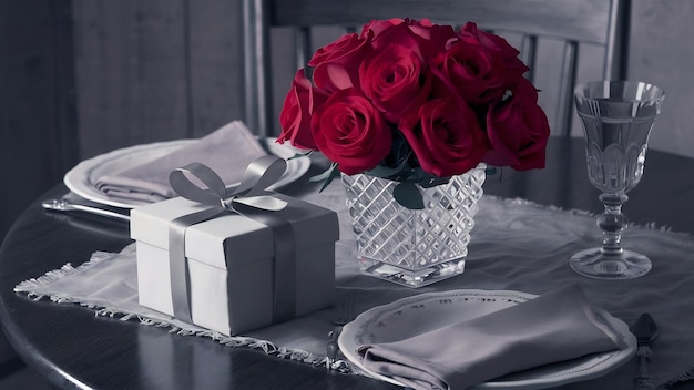 테이블 위 에 있는 선물 상자 와 함께 꽃병 에 장미