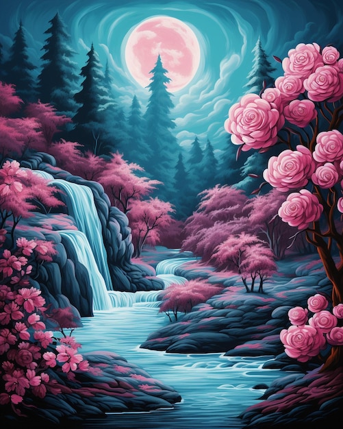 Roses Waterfall with Moon in Dark