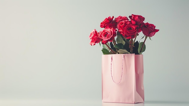 Розы на белом фоне в пакете с рекламой доставки цветов с пространством для текста
