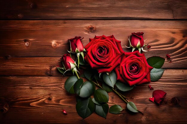 Roses with petals on a wooden background