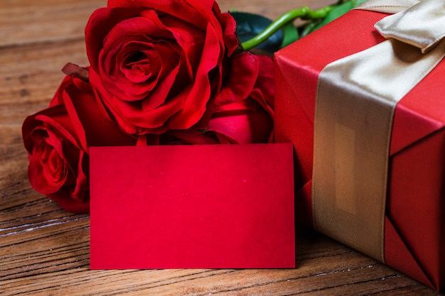 Roses on wooden board, Valentines Day background