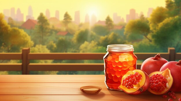 Rosh Hashanah Background Honey Apple and pomegranate on wood table Forest background