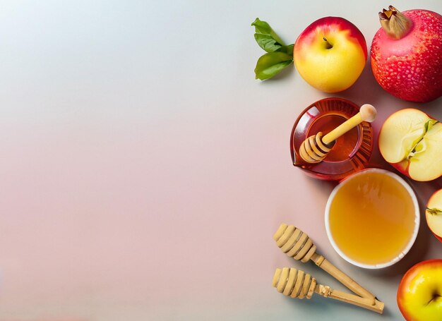 Rosh Hashanah celebration with honey mug and fruits 3d background