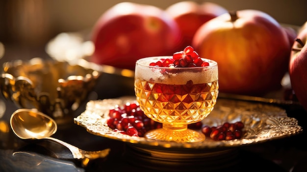 Photo rosh hashanah jewish new year holiday concept bowl an apple with honey pomegranate are traditional symbols of the holiday