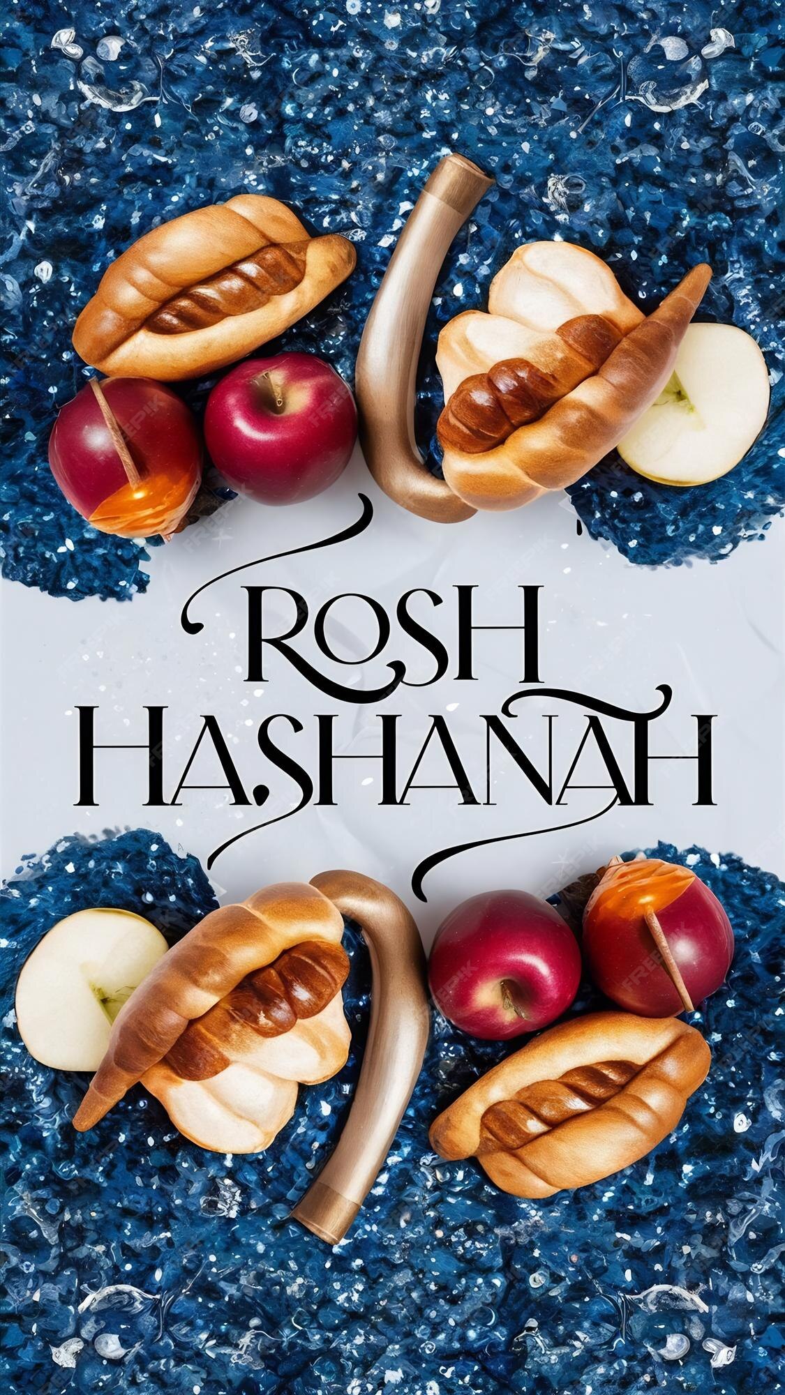 Rosh hashanah jewish New Year holiday concept Taditional symbols over blue glitter background