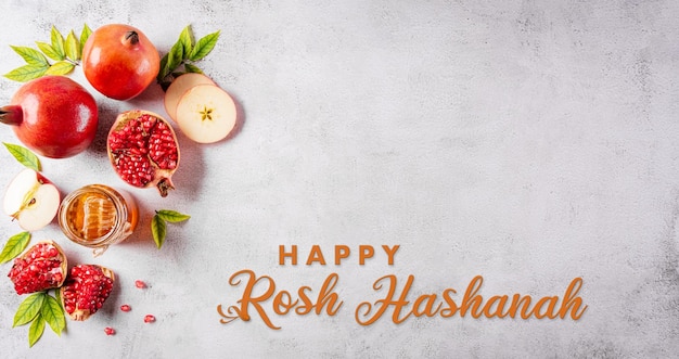 Rosh hashanah Jewish New Year holiday Concept of traditional or religion symbols with the text on stone background