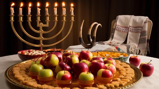 Foto rosh hashanah joodse nieuwjaarsvakantie concept van traditionele of religieuze symbolen