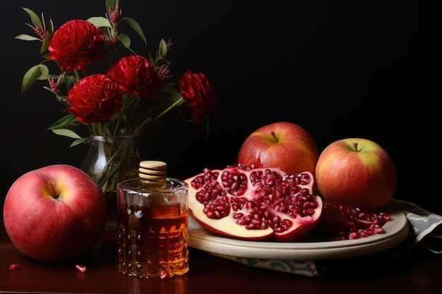 Rosj Hasjana Joods Nieuwjaar vakantieconcept Traditionele symbolen Appels, granaatappel en honing voor Rosj Hasjana AI gegenereerd