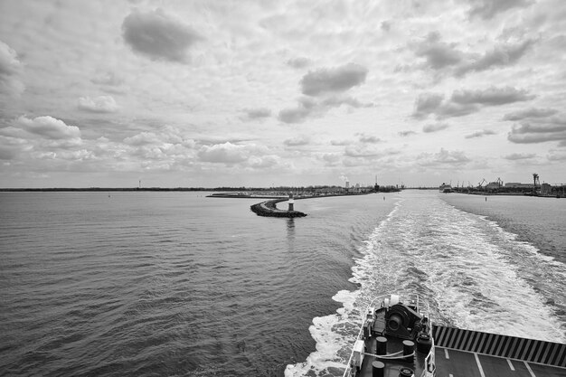 Rostock harbor exit Looking back to Warnemunde from the ship sailing to Sweden