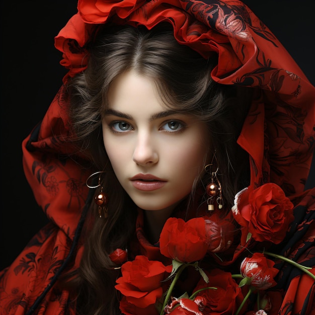赤いバラを飾った美しい女性の肖像画