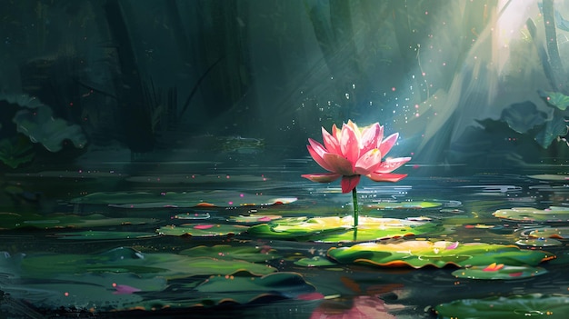 Rosy lotus illuminated by sunshine