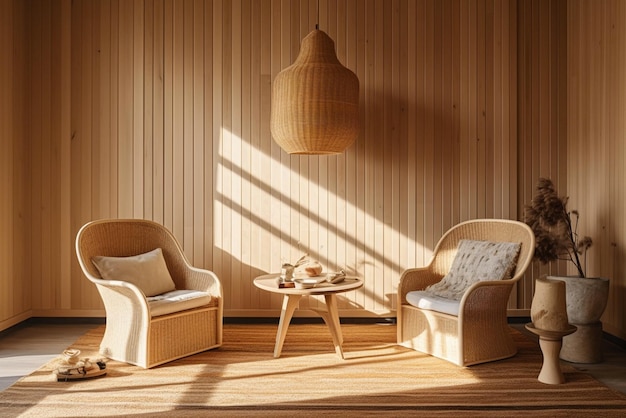 Rotan woonkamer interieur met fauteuils en tafel Generative ai