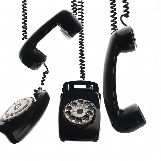 Rotary telephone handsets hanging in the air isolated on white