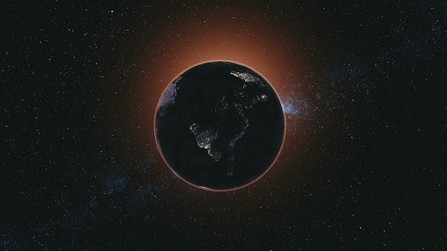 Rotate planet earth zoom in sun beam illuminate celestial galaxy constellation cosmos nebula