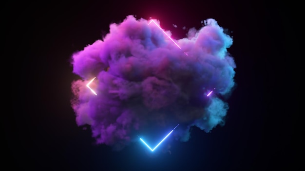 A rotating cloud illuminated by a neon light ring on a black isolated background Glowing geometric figure