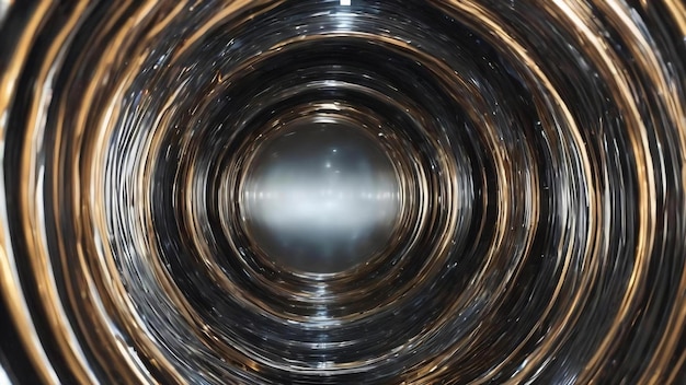 A rotating silver metal chrome shiny tunnel with walls of ribs and lines in the form of a circle