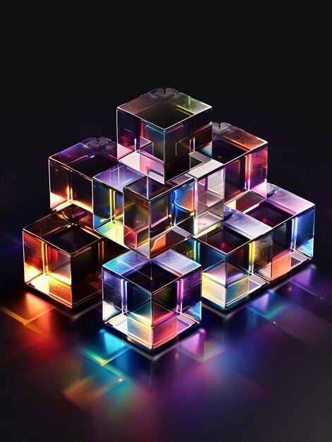 회전하는 투명한 유리 큐브는 흑색 배경에 분산된 무지개 빛의 오버레이를 특징으로하는 굴절 및 홀로그래픽 효과를 가지고 있습니다.