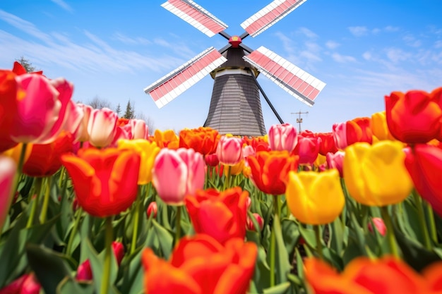 Foto roterende windmolen in een tulpenveld