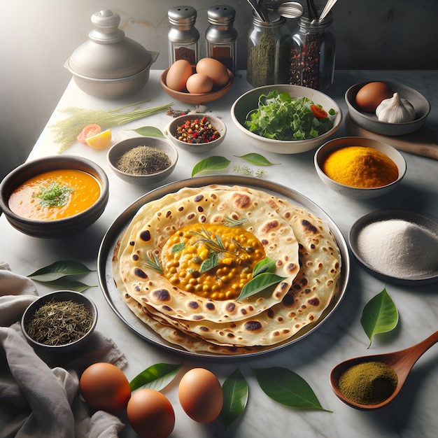 Roti Canai Flatbread with Dhal Curry on Marble Counter