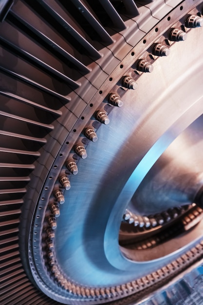 A rotor disc with blades of a turbojet gas turbine engine, inside view. Elements, details and mechanisms of turbines. Energy and mechanical engineering