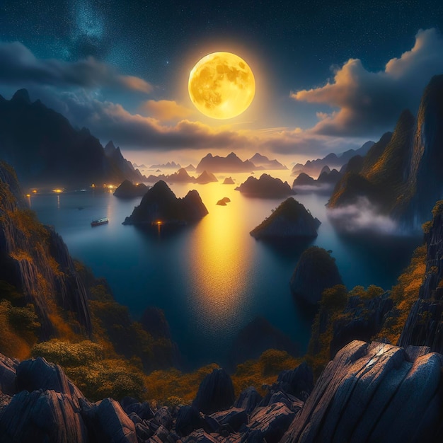 rotsachtige berglandschap en de zee of de nacht rivier volle maan geel goud