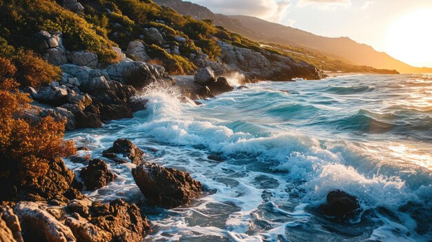 Foto rotsachtige kust met blauwe golven