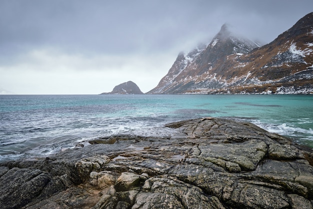Rotsachtige kust van fjord in Noorwegen