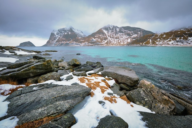 Rotsachtige kust van fjord in Noorwegen