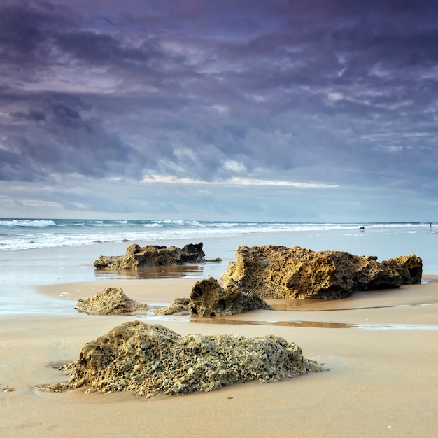 Rotsen aan de kust van het strand in Conil Cadiz