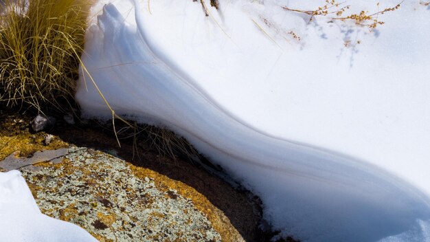 Rotsen in winterlandschap.