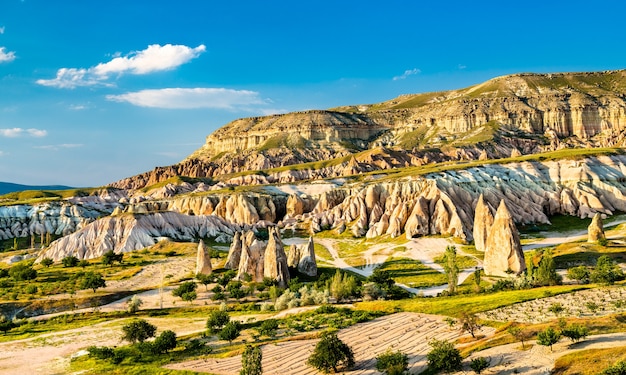 Foto rotsformaties van rose valley in goreme national park. unesco werelderfgoed in cappadocië, turkije