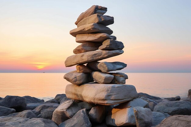 Rotstoren op de zee bij zonsondergang Natuurcompositie met stenen